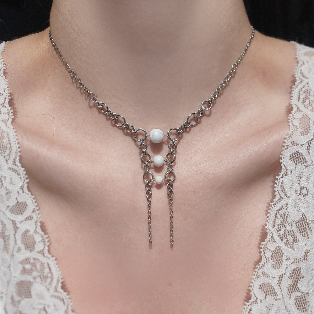 Fairy whimsical gothic victorian white pearls and silver double rosary necklace